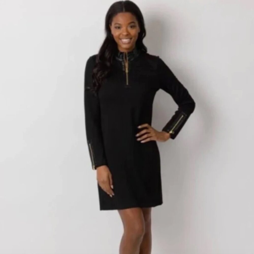 Sail‎ to Sable Solid Black Faux Leather Trim Zip Up Dress